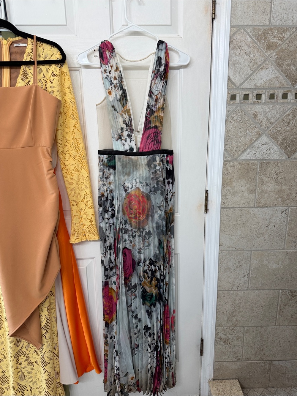 bebe Floral Sheer Pleated Backless Maxi Dress in White and Pink